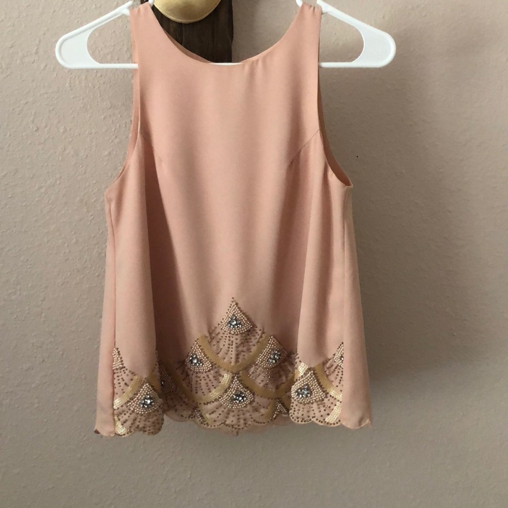 MM Couture scalloped edge peach blouse